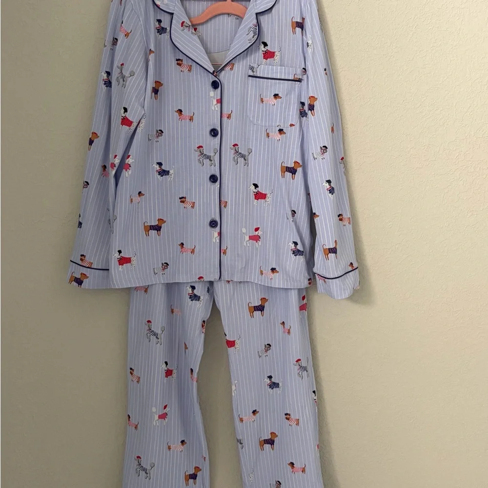 Bed Head Pajamas Blue Stripe Set Women’s French Pup Dogs Size Medium - Picture 2 of 12